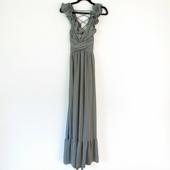 Lulus Soiree Celebration Light Blue Floral Ruffled Lace-Up Maxi Dress  Size M - Picture 5 of 9